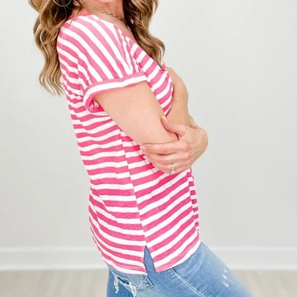 STACCATO V-Neck Short Sleeve Striped Slub Knit Top L Hot Pink - Picture 4 of 10